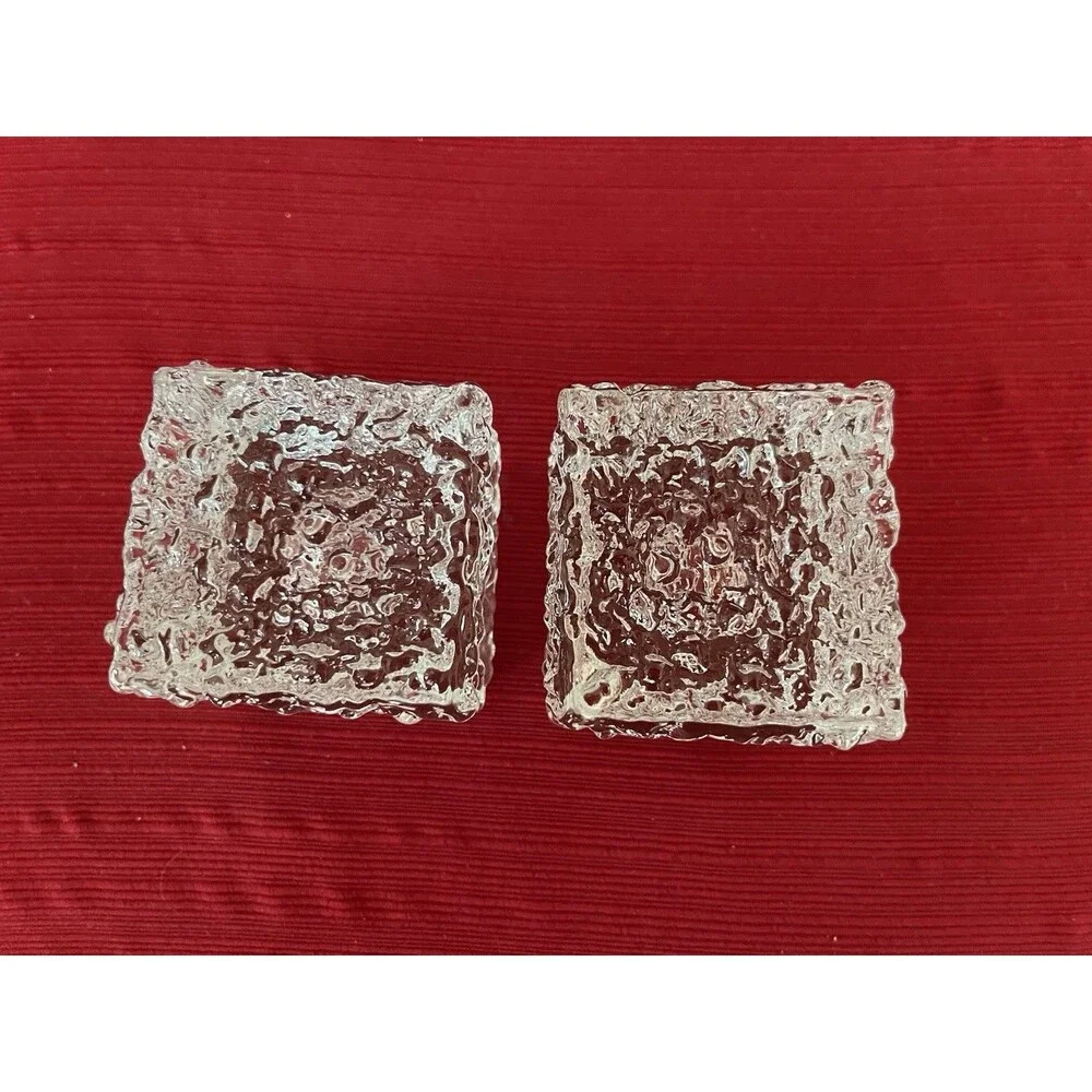 Iittala or Ingrid Glass MCM Ice Block Candle Holders Pair Brutalist Texture